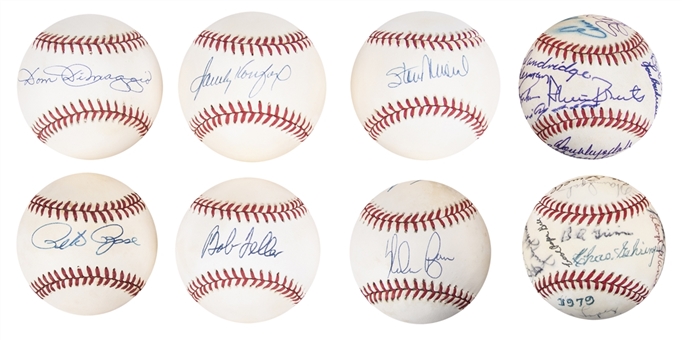Lot of (8) Hall of Famers and Stars Signed Baseball Collection Including 1979 & 1980 Hall Of Fame Weekend Multi-Signed, Sandy Koufax, and 300 Win Club (JSA Auction LOA)